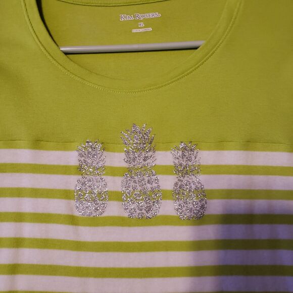 Kim Roger's Green White Striped Women's Shirt Pineapples Sz  XL - Picture 3 of 5